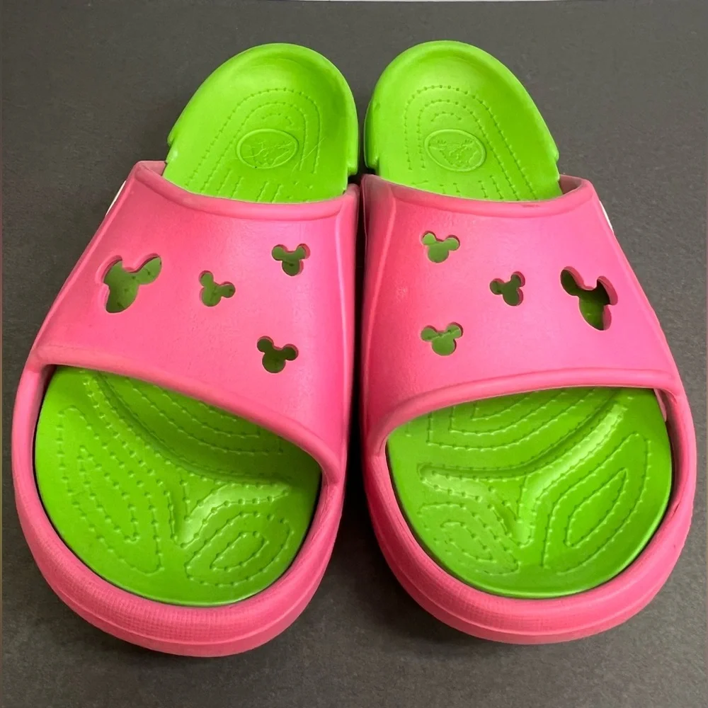 Crocs- Disney Slip on-‎ Youth, Size:J3, Pink/Green, Pre-Owned